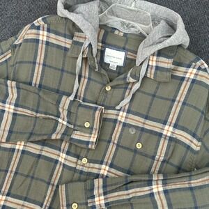 American Eagle Men's Large Super Soft Hooded Flannel Button Shirt Green Plaid